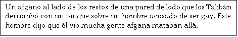 Tekstvak: Un afgano al lado de los restos de una pared de lodo que los Talibn derrumb con un tanque sobre un hombre acusado de ser gay. Este hombre dijo que l vio mucha gente afgana mataban all.



