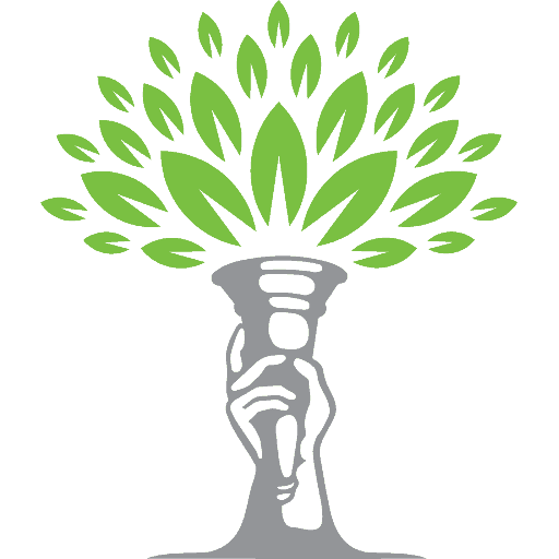 Prostasia Foundation logo, a hand holding a tree trunk like a torch, while green leaves fan out at the top.