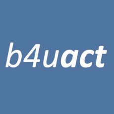 B4U-ACT logo, the characters B 4 U A C T set against a faded blue background.